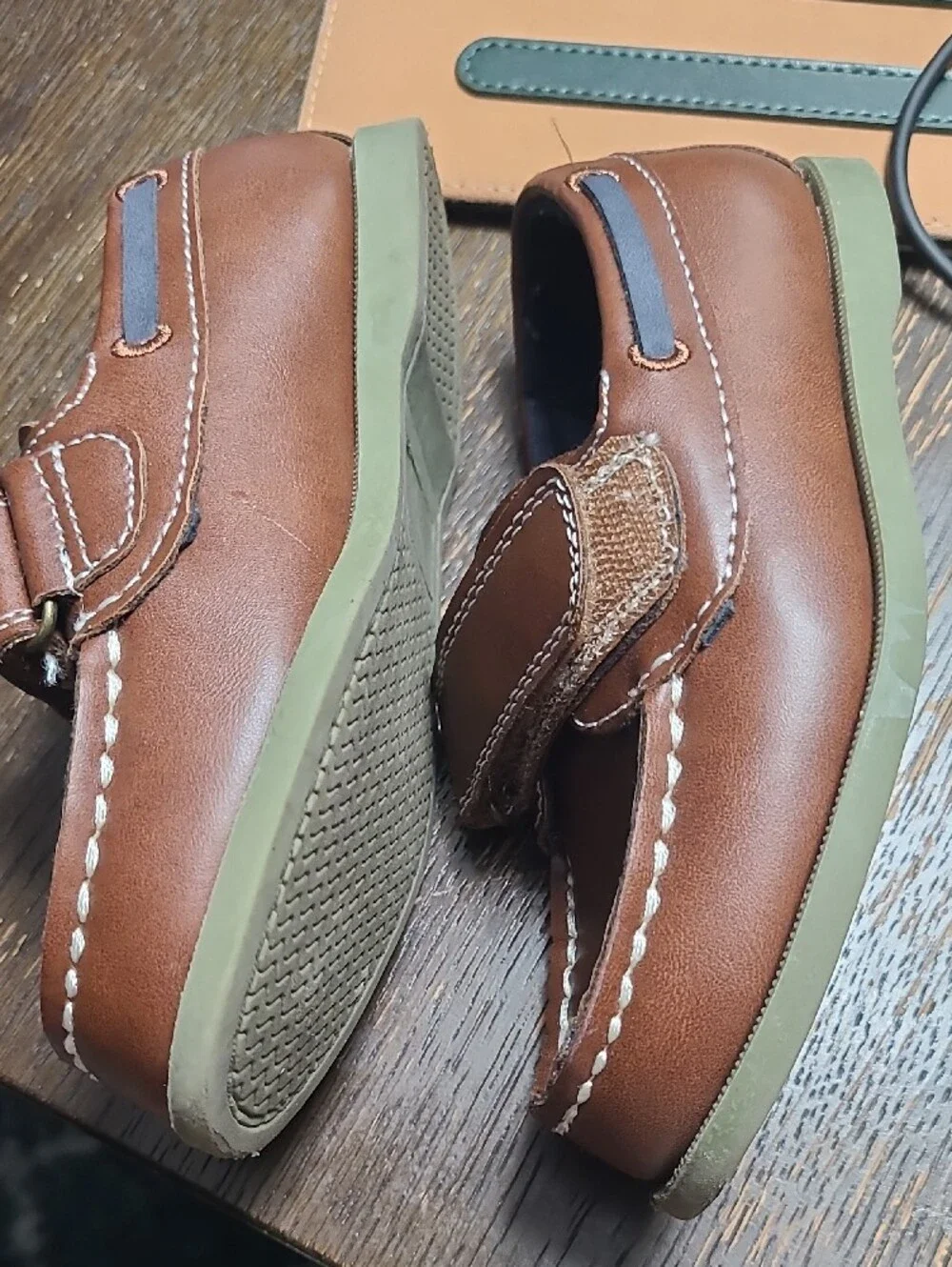 Kids Brown Leather Slip-On Boat Shoes Size 10 Boys with Hook-and-Loop Strap